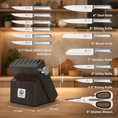 Image of imarku 14-Piece Knife Set with Block, One Set for Meat, Fish, Veggies & Bread, Glides Through Every Cut, High Carbon Stainless Steel with Built-in Sharpener, Dishwasher Safe, utility knives