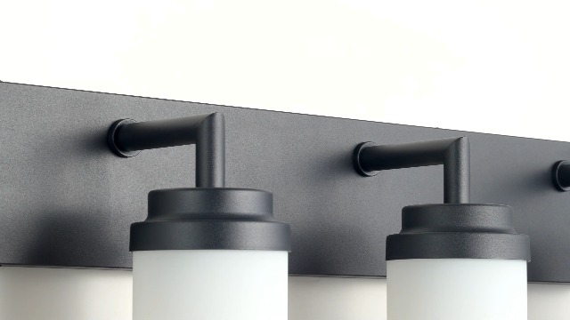 Image of Bathroom Light Fixtures, Matte Black Bathroom Lighting Fixtures Over Mirror, Modern Vanity Light with White Glass Shade, Restroom Lighting Fixtures, 6-Light 46-inch