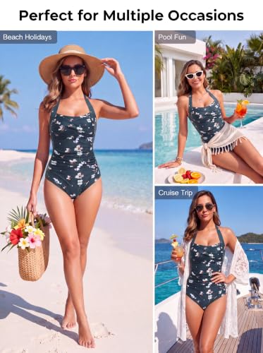 Image of Smismivo Tummy Control Swimwear Halter One Piece Slimming Vintage Retro Swimsuit Womens Ruched Push Up Bathing Suit