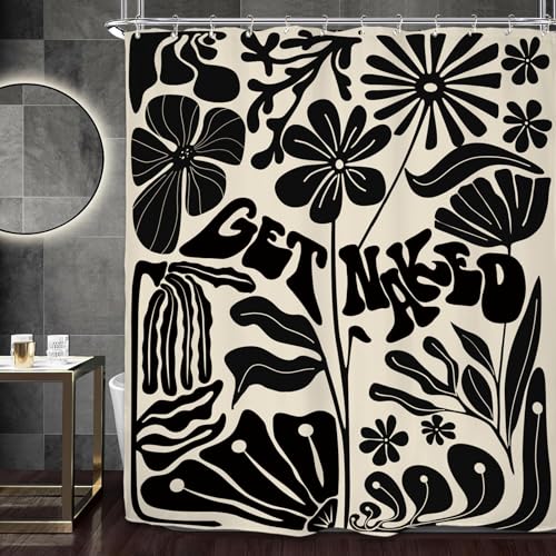 Miyotaa Retro Black Matisse Flower Shower Curtain Set 60Wx71H Inches Get Naked Minimalist Modern Neutral Abstract Vintage Polyester Bathroom Curtain with 12 Hooks