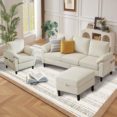 Image of 3 Pieces Corduroy Sofa Set for Living Room with Sofa, Storage Ottoman and Single Chair
