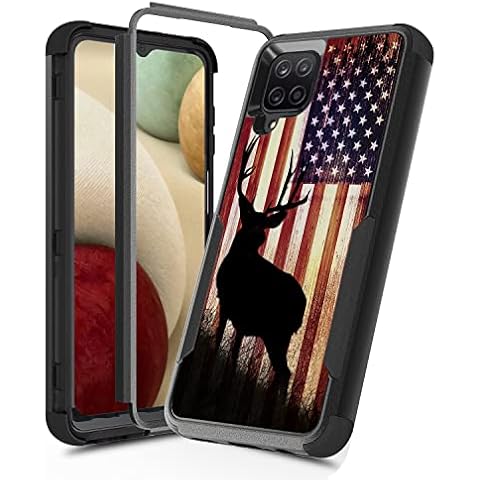 CaseZoo Galaxy A12 Anti-Shock Case, Heavy Duty 360 Full Body Shockproof Protection Hard Plastic+Silicone Rubber Hybrid Case Bumper Defender Cover for Samsung Galaxy A12 (Stars and Stripes Camo Deer) Cover