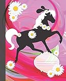  Cute Black Pony White Mane Pink Swirl & Daisies Composition Wide-ruled blank line School Notebook (Pretty cool musical Covers: Fun School Supplies & Stuff)