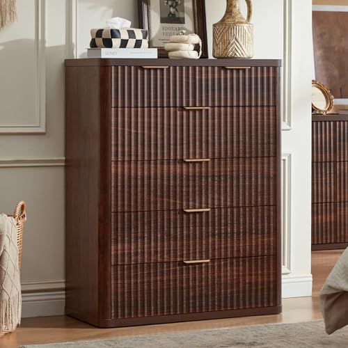 Image of LEYAOYAO Fluted 6 Drawers Dresser for Bedroom, 42 inch Tall Modern Chest of Drawers with Metal Handle, Curved Profile Design,Walnut Wood Drawer Organizer for Bedroom, Living Room, Hallway, Entryway