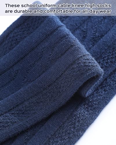 Eurzom 4 Pairs Knee High Uniform Socks for Girls 5-12y Acrylic Knit Cable Navy Blue White School Sock Back to School Gifts2