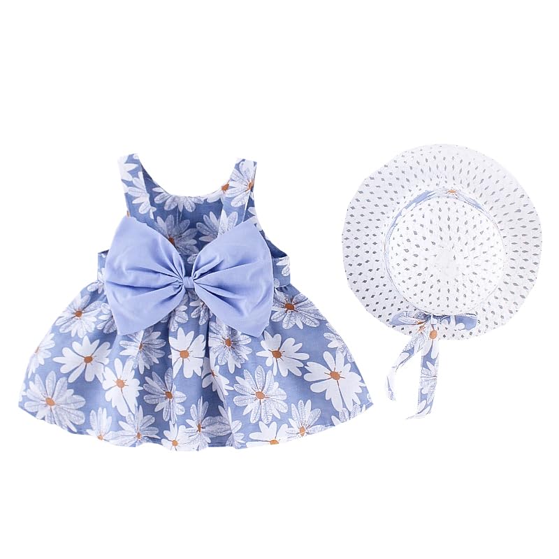 Summer Girls' Floral Sleeveless Dress with Bow and Sun Hat, Blue