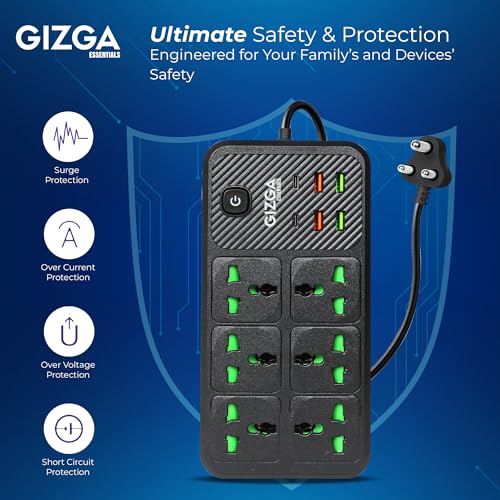 Image of Gizga Essentials 2500W /10A Extension Board | Universal 6 Sockets with 2 Type C & 4 USB A for Office & Home Appliances | Surge Protector Power Strip with 2M Cord, Child Safety Shutter, Spike Guard