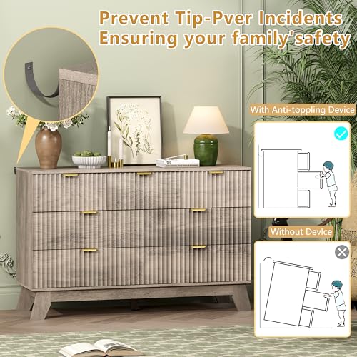 Image of Wodeer 7 Drawer Fluted Dresser for Bedroom, Mid Century Modern Wooden Dresser with 7 Drawers, Dressers & Chests of Drawers with Metal Handle, TV Stand & Storage Organizer for Entryway, Hallway, Grey