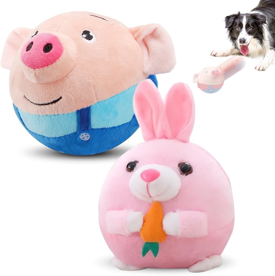 Kruggo Active Moving Pet Plush Toy, Jumping Squeaky Dog Toys with Recording and Music Modes, Washable Cartoon Pig Plush Toy to Keep Dogs Busy (Blue Pig+Pink Rabbit)