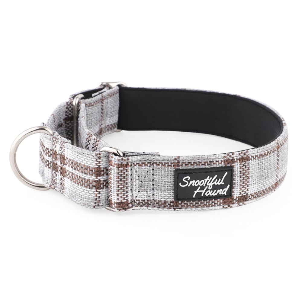 Snootiful Hound Padded Martingale Collar - Grey Plaid Check - Ideal for Greyhounds, Whippets, Lurchers and All Sighthound Breeds - Anti-Slip Collar (M 40-50cm)