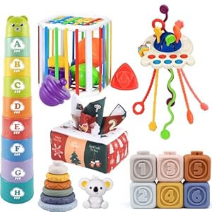 Montessori Toys for Babies 6-18 Months, 6 in 1 Baby Easter Basket Stuffers Sensory Toys, Infant Teething Pull String Toys, Stacking Blocks, Shape Sorter, Baby Tissue Box,Soft Rings, Stacking Cups