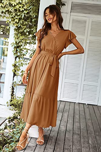 PRETTYGARDEN Women's Summer Floral Boho Maxi Dress Wrap Short Sleeve V Neck Ruffle A-Line Flowy Wedding Guest Long Dresses