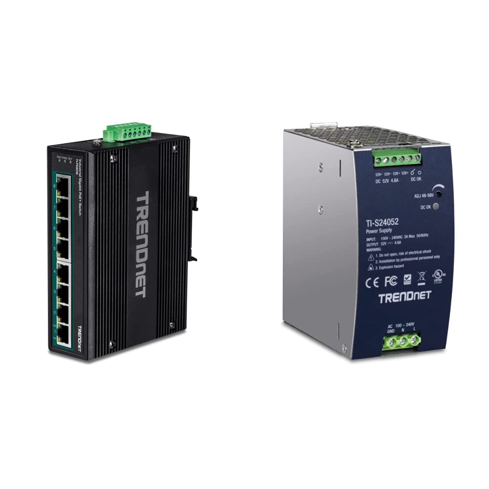 TRENDnet Bundle 8-Port Hardened Industrial Unmanaged Gigabit 10/100/1000Mbps DIN-Rail Switch TI-PG80B, 240W 52V DC 4.61A AC to DC DIN-Rail Industrial Power Supply TI-S24052