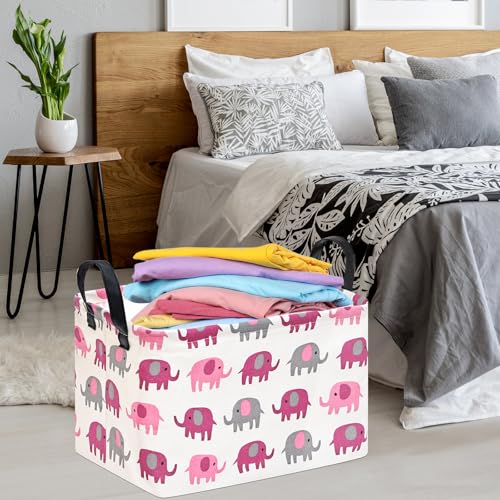 Image of Baby Storage Basket Nursery Box Laundry Hamper Organization Bins for Toys and Clothes with Handles (Pink Elephant)