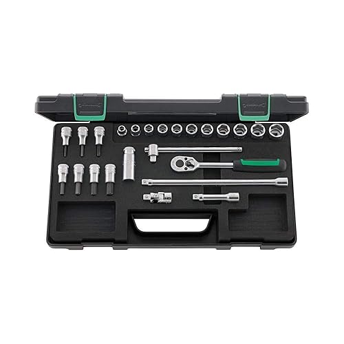 Stahlwille 96021236 - Juego de llaves de vaso de 3/8 pulgadas, 24 piezas, tornillos hexagonales y trinquete, caja de plástico ABS, resistente,