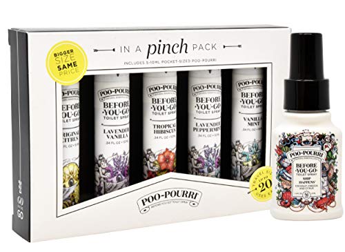 Poo-Pourri In A Pinch Pack Toilet Spray Gift Set, 5 Pack 10 mL, and 1.4 Ounce Ship Happens Bottle