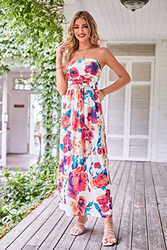 Image of GRACE KARIN Women Strapless Dress Casual Loose Ruched Long Maxi Dress with Pockets