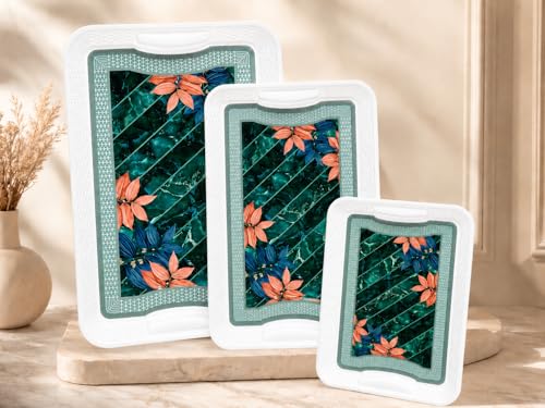 Image of 3 Pcs Plastic Serving Tray Set with Handle | Multipurpose Tea Snacks Breakfast Tray | Floral Printed Rectangular Serving Trays for Kitchen & Home (Green Leaf)