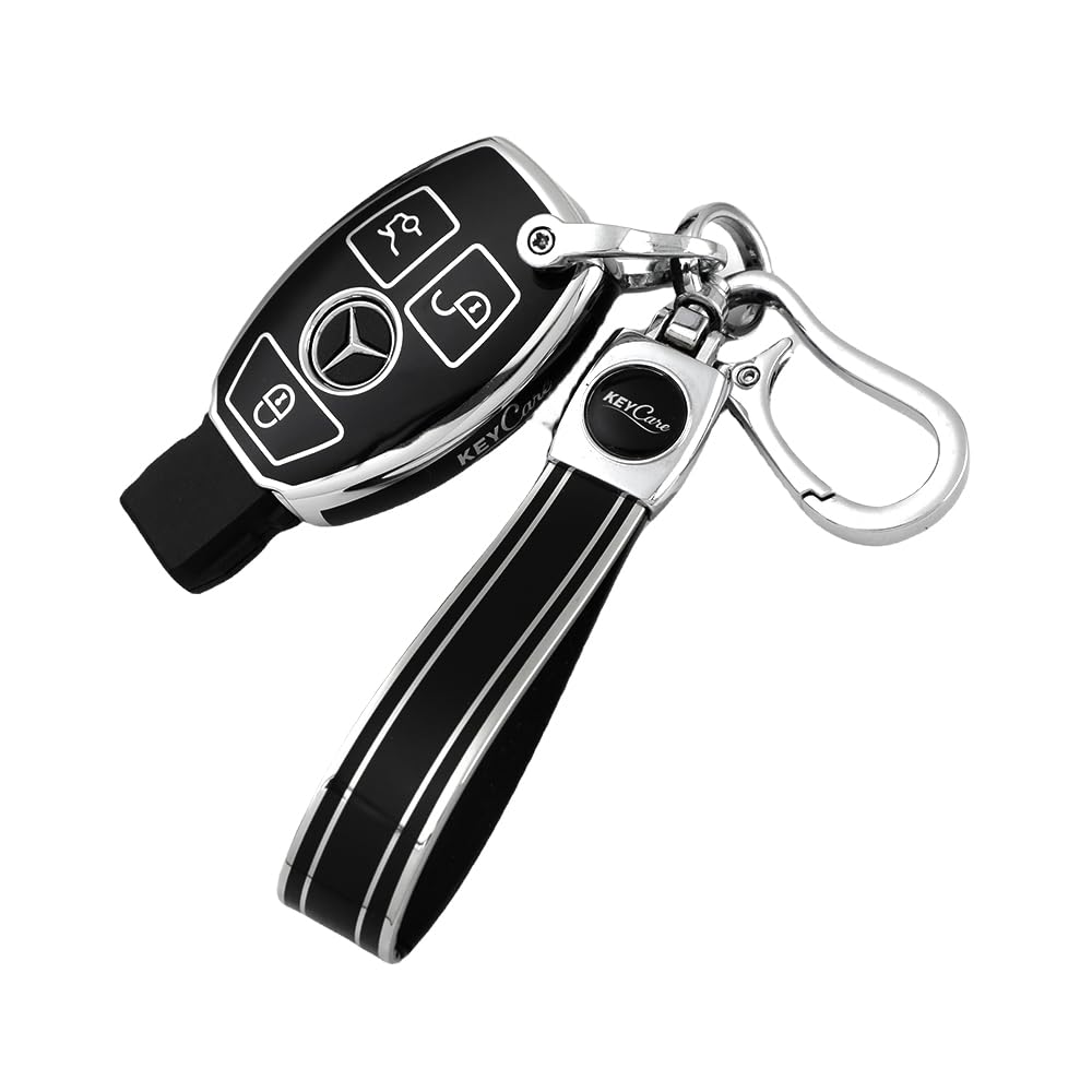 Ashar Key Hub TPU Car Key Cover Compatible for Mercedes Benz C E M S CLS CLK GLK GLC G Class with 3 Button Smart Key (Silver Black with Silver Keychain)