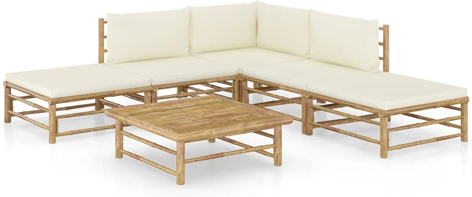 Deufre Sofá Exterior,Lounge Sofá,Conjunto Jardín 6 Piezas de Bambú, Muebles de Terraza,Sofa Jardin Exterior,Muebles Jardin con Cojines Blanco para Terraza Balcón (Crema)