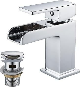 Waterfall Basin Tap with Waste,Bathroom Single Lever Chrome Plated Brass Sink Mixer Tap
