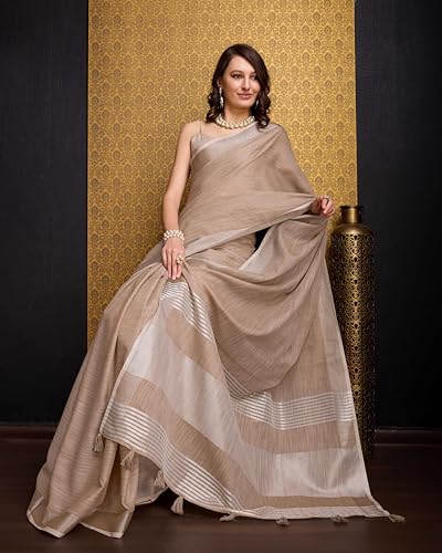 Image of SWORNOF Women's Linen Cotton Silk Saree with Unstitched Blouse Piece | Saree for Women | Saree with Blouse Piece | Soft and Skin Friendly