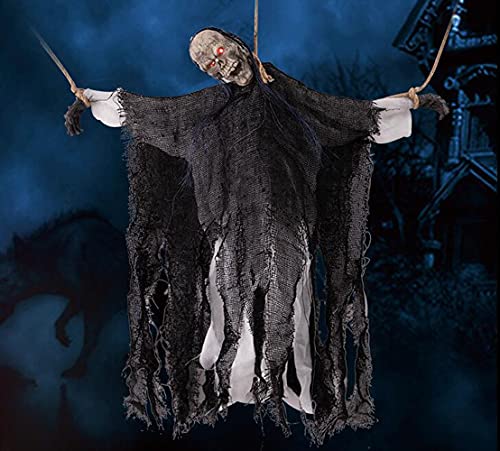 Halloween Wall Door Porch Tree Decoration Props Hanging Swing Witch on Broom w/ Welcome Wood Plaque for Role Play Coven Party,Bar,Haunted House,Indoor and Outdoor Decor (HAL-317)