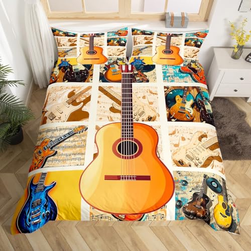 Manfei Gitarre Musik Bettwäsche Set S Größe,Holz Gitarre Bettbezug Set,Kinder Teens Frau Jungen Schlafzimmer Dekor,Patchwork Plaid Tröster Abdeckung Vintage Pop Musik Quilt Cover,1 Kissenbezug