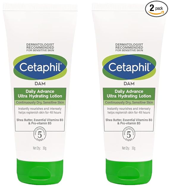 Cetaphil DAM Daily Advance Ultra Hydrating Lotion for Dry, Sensitive Skin| 30 g| Moisturizer with Shea Butter| Non-Greasy, Fragrance-Free| Paraben, Sulphate Free (Pack of 2)