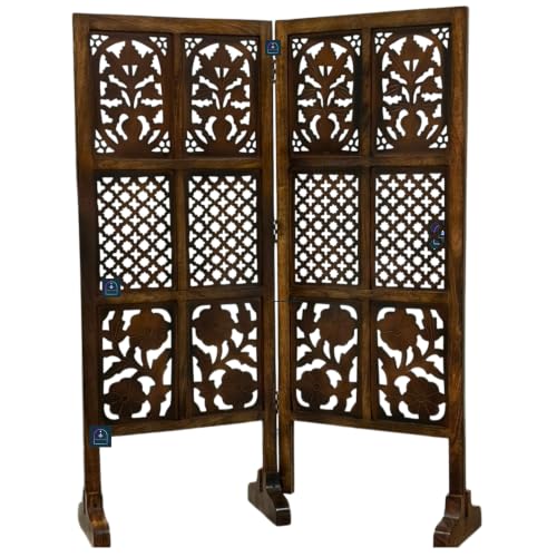 Image of Wooden Room Partition Screen with Burnt Wood Finish | Hand Buffed Traditional Handicraft Room Divider | 6 Ft Height Indoor Room Separator (2 Panel 4 Feet with Stands)