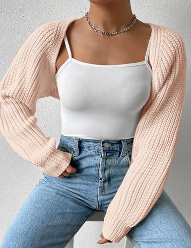 Image of Plus Size Women's Long Sleeve Open Front Crop Cardigan Drop Shoulder Shrug Oversized Ribbed Knit Bolero Sweater