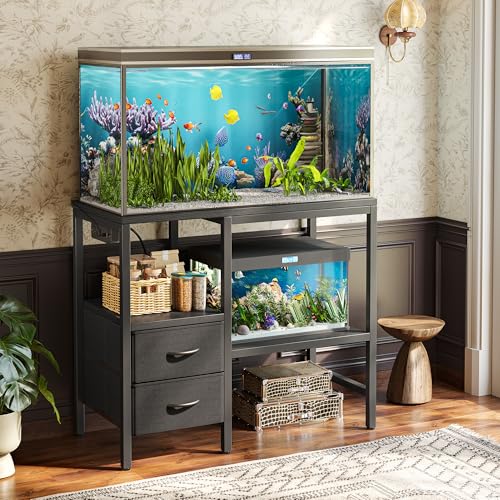 TIQLAB 20-29 Gallon Multi - Tier Aquarium Stand with Storage Drawers & Shelf, Sturdy Metal Frame for Fish Tanks with Power Outlet, 30.7" L*13.8" W Tabletop, Black - Image 3