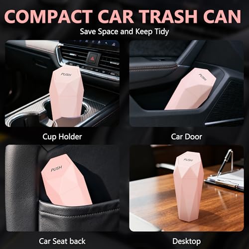 Image of Car Trash Can with Lid - 1-Pack, Interior Accessories for Vehicles, Leakproof Garbage Can with 15 Detachable Trash Bags, Multipurpose Organizers and Storage Solutions for Home and Office (Pink)