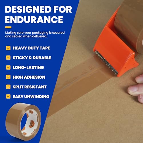 Image of TAPEBEAR Brown Packing Tape with Dispenser, 2.6mil Thick, 1.88 inch x 55Yard