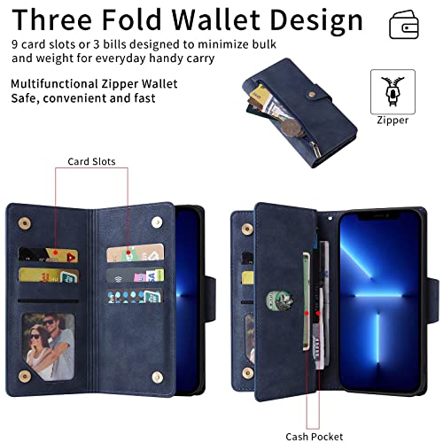 ESONG Wallet Case for Xiaomi 11T/11T Pro, Premium PU Leather Zipper Pocket Magnetic Flip Stand Case Cover with Wrist Strap - blue - Image 2