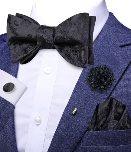 Image of Dubulle Self Tie Bow Ties and Lapel Pin for Men Paisley Solid Mens Bowtie and Handkerchief Cufflinks Set Wedding