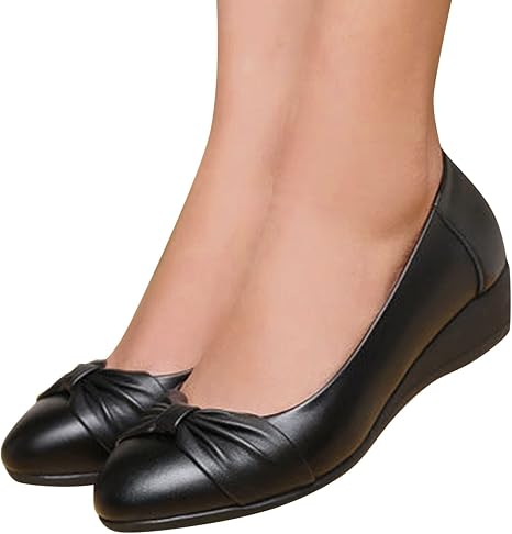 Ballerines D'Été En Cuir Femme - Chaussures Avec Nœud Talon Bloc Bout Rond - Élégantes Et Confortables