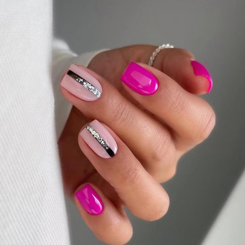 Uñas postizas cortas a presión, uñas postizas cuadradas, uñas acrílicas con pegamento, color rojo rosa, uñas artificiales adhesivas con diseños de