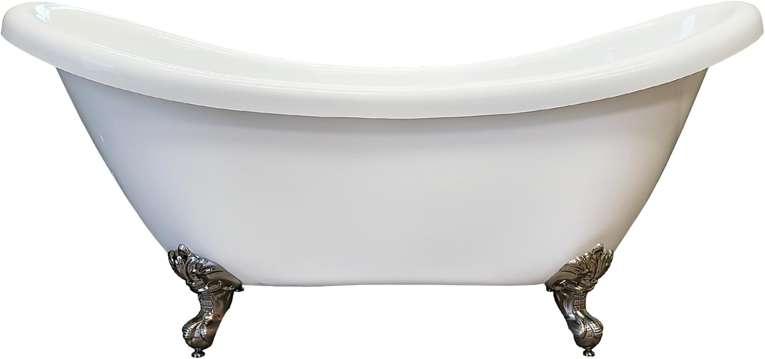 68" Claw Foot Bathtub Acrylic Double Ended Slipper with NO Faucet Holes & Brushed Nickel Feet- "Harrison"
