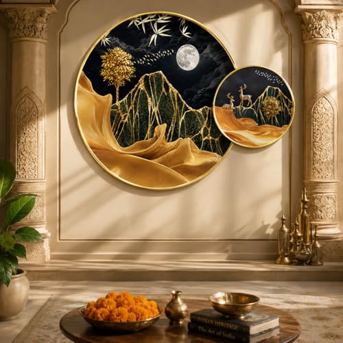 Image of Livin'luxe Premium Golden Mountain Moon Round Wall Painting with Golden PVC Frame, Luxury Gold Landscape Wall Art for Living Room Bedroom Home Decor
