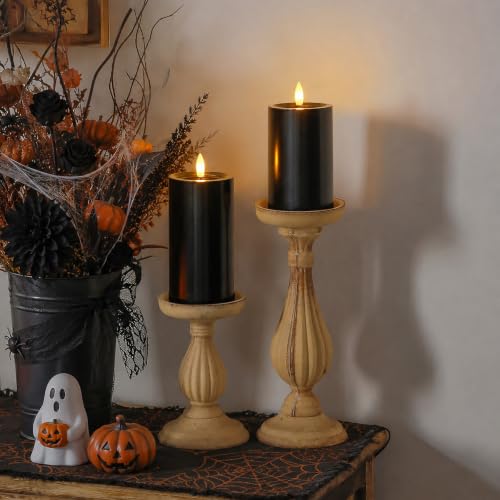 Image of Yeelida Outdoor Halloween 4pcs Flameless Waterproof Candles with Handy Remote Control, Cycle Timer Battery Operated Candle Grease LED Flickering Pillar Plastic Long Lasting (Black, 3 inch x4 inch 5 inch 6 inch 7 inch)