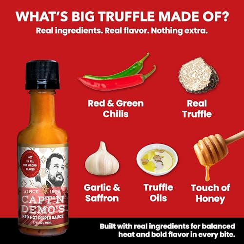 Image of CAPTAIN DEMO's BIG TRUFFLE Red Hot Pepper Sauce- 5 Pack of Mini Travel Bottles. Never Leave Home Without Capt'n Demo!