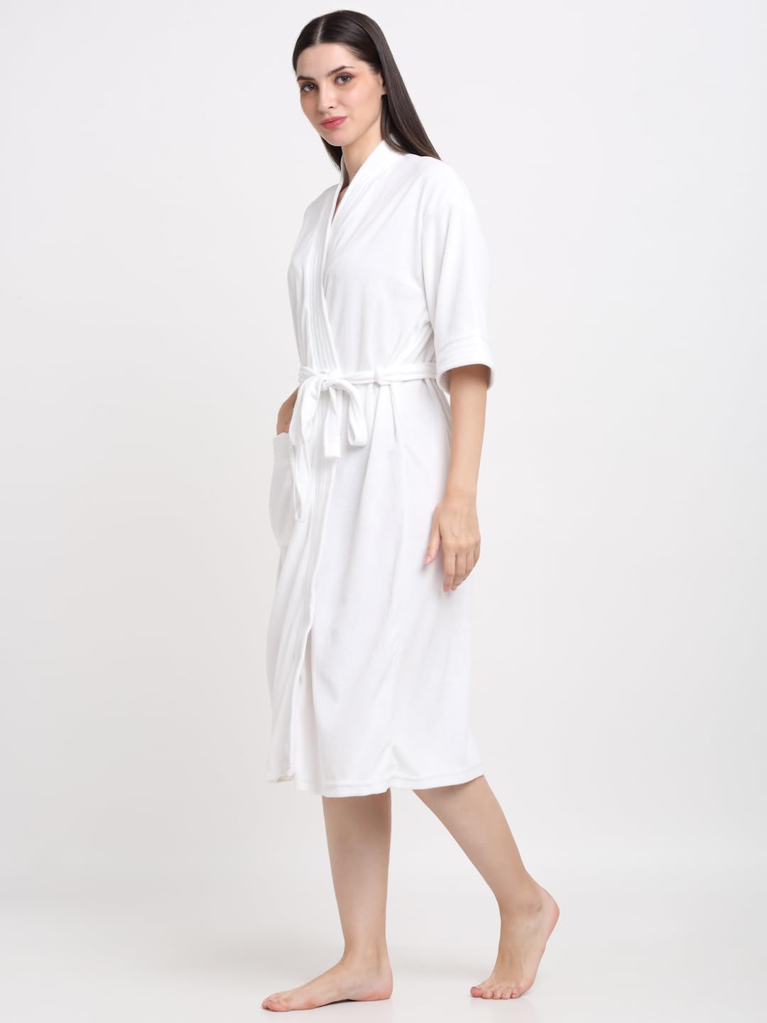 CREEVA Everyday Unisex Micro Terry Bathrobe Collection With kimono collar and 1 Pocket, 3/4 Sleeve Bath Robe Super Soft Light Weight - White - Image 2 thumbnail