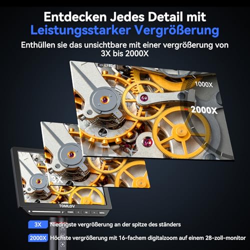 TOMLOV TM4K-AF Flex 4K Autofokus Digitales Mikroskop HDMI, 8 IPS Münzen Vergrößerung 2000X, 52MP Mikroskopkamera für Löten, mit Flex Arm, Multifunktionale Lötmatte, Ringlicht, 64GB-Karte