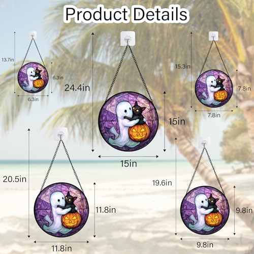 Image of Stained Glass Window Hanging - Halloween Decorations Ghost Black Cat Pumpkin Suncatcher for Door Garden Spooky Purple Sun Catchers Gothic Decor Horror Gifts for Women Men Friend Boy 6.3 in