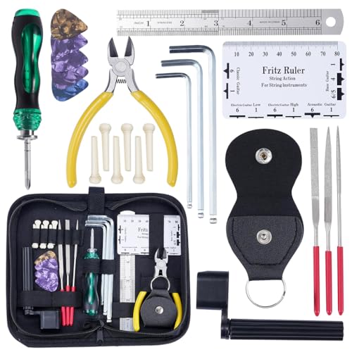 Image of HASTHIP 23 in 1 DIY Guitar Repair & Maintenance Tool Kit, Professional Setup Tools with Screwdriver, String Winder, Pliers, Ruler, Multi-Color Picks, Bridge Pins & Allen Keys in Zipper Organizer Bag