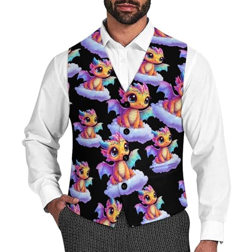 Cute Dragon Trendy Vest Suit for Men V Neck Formal Dress Waistcoat Vests Business Slim Fit