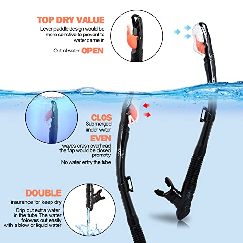 Snorkel Set Pano 3 Window Adult Snorkeling Gear, Professional Snorkel Goggles Anti-Fog Diving Mask, Anti-Leak Swim Goggles and Dry Top Snorkel for Diving, Snorkeling, Swimming (Black)