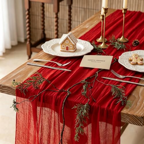 Image of Red Cheesecloth Table Runner 120 Inches Fall Christmas Party Decorations