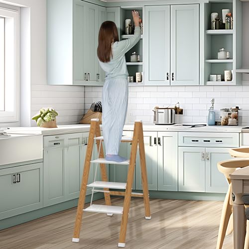 Lightweight Folding Step Ladder Household, Aluminum 4 Step Ladder Foldable for Home, Sturdy Step Stool for Adults 330 Lbs - White & Wood Grain — view 4
